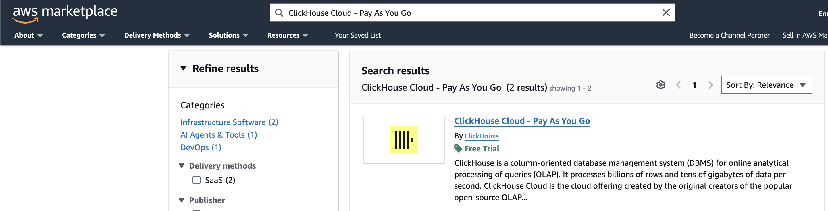 Поиск ClickHouse в AWS Marketplace
