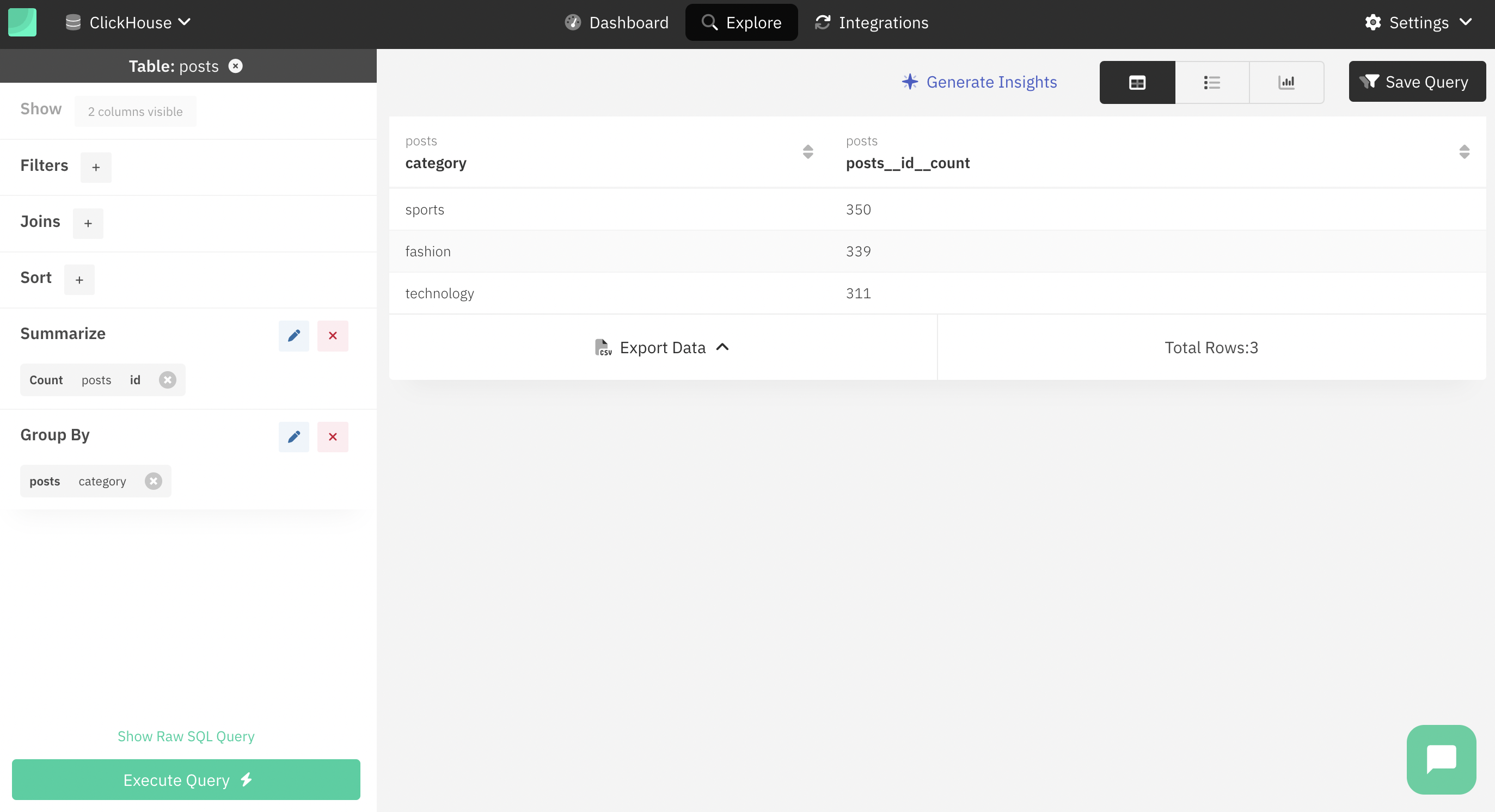 Интерфейс исследования данных Draxlr с параметрами фильтрации и сортировки