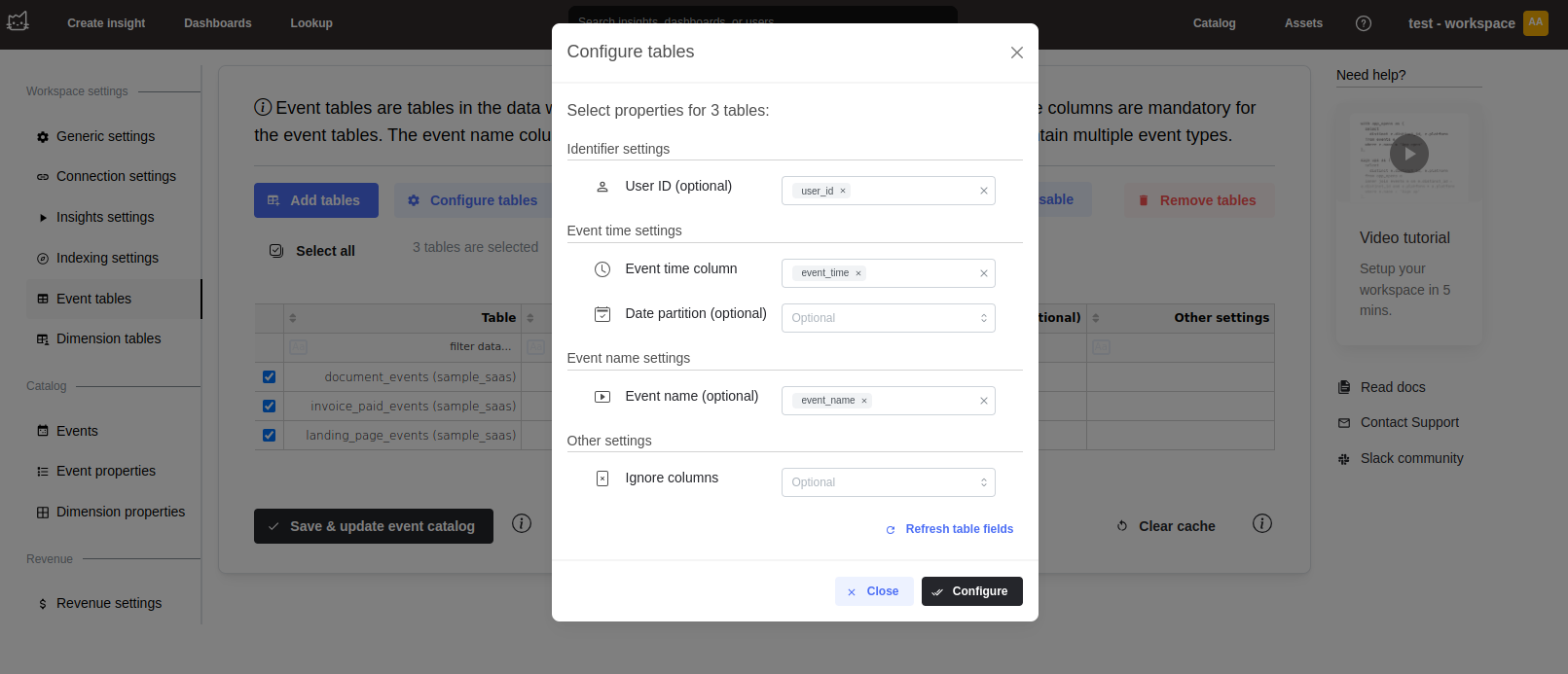 Конфигурация каталога событий Mitzu, показывающая параметры сопоставления столбцов